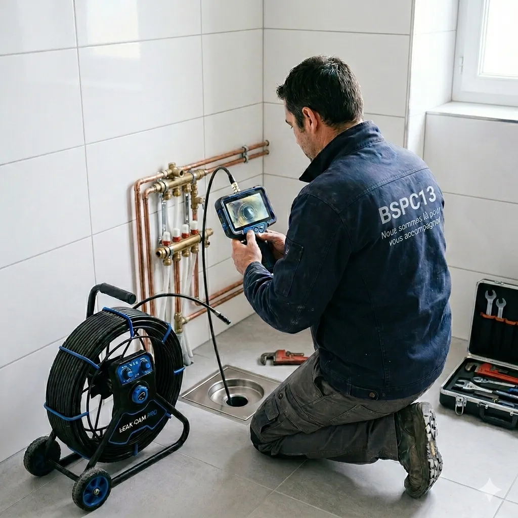Plombier BSPC13 en recherche de fuite par caméra d'inspection sur un chantier à Marseille